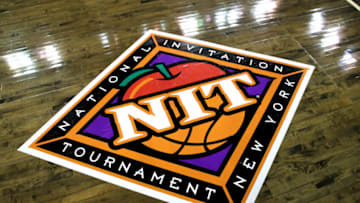 The tournament logo is seen on the floor during the 2017 NIT Championship quarterfinal game. Getty Images.