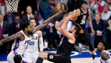 PHILADELPHIA, PA - FEBRUARY 10: Los Angeles Clippers Forward Danilo Gallinari (8) puts up a shot contested by Philadelphia 76ers Center Amir Johnson (5) in the second half during the game between the Los Angeles Clippers and Philadelphia 76ers on February 10, 2018 at Wells Fargo Center in Philadelphia, PA. (Photo by Kyle Ross/Icon Sportswire via Getty Images)