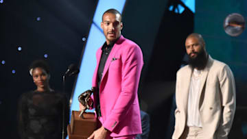 SANTA MONICA, CA - JUNE 25: Defensive Player of the Year Rudy Gobert speaks onstage at the 2018 NBA Awards at Barkar Hangar on June 25, 2018 in Santa Monica, California. (Photo by Kevin Mazur/Getty Images for Turner Sports)