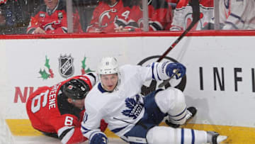 Zach Hyman #11 of the Toronto Maple Leafs skates against the New Jersey Devils. (Photo by Bruce Bennett/Getty Images)