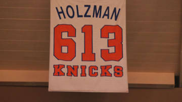 NEW YORK, NY - MARCH 31: Red Holzman's retired jersey of the New York Knicks hangs on March 31, 2012 at Madison Square Garden in New York City. Copyright 2012 NBAE (Photo by Nathaniel S. Butler/NBAE via Getty Images)