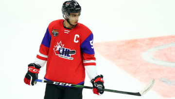 HAMILTON, ON - JANUARY 16: Quinton Byfield #55 of Team Red skates during the 2020 CHL/NHL Top Prospects Game against Team White at FirstOntario Centre on January 16, 2020 in Hamilton, Canada. (Photo by Vaughn Ridley/Getty Images)