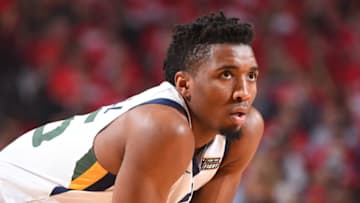 HOUSTON, TX - MAY 2: Donovan Mitchell #45 of the Utah Jazz looks on during the game against the Houston Rockets in Game Two of Round Two of the 2018 NBA Playoffs on May 2, 2018 at Toyota Center in Houston, TX. Copyright 2018 NBAE (Photo by Andrew D. Bernstein/NBAE via Getty Images)