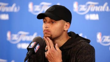 June 2, 2016; Oakland, CA, USA; Golden State Warriors guard Stephen Curry (30) speaks to media following the 110-77 victory against Cleveland Cavaliers in game two of the NBA Finals at Oracle Arena. Mandatory Credit: Kelley L Cox-USA TODAY Sports