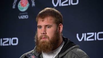 Dec 27, 2012; Los Angeles, CA, USA; Wisconsin Badgers offensive lineman Travis Frederick at press conference for the 2013 Rose Bowl at the L.A. Hotel Downtown. Mandatory Credit: Kirby Lee/Image of Sport-USA TODAY Sports