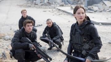 From front to back: Sam Claflin (“Finnick Odair,” back), Evan Ross (“Messalla,” back center), Liam Hemsworth (“Gale Hawthorne,” front center) and Jennifer Lawrence (“Katniss Everdeen,” front) star in Lionsgate Home Entertainment’s THE HUNGER GAMES: MOCKINGJAY PART 2.. Photo Credit: Murray Close/Lionsgate