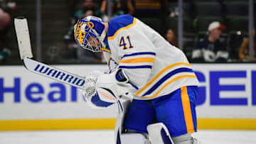 Oct 28, 2021; Anaheim, California, USA; Buffalo Sabres goaltender Craig Anderson (41) celebrates the goal scored by right wing Rasmus Asplund (74) for the victory in the overtime period against the Anaheim Ducks at Honda Center. Mandatory Credit: Gary A. Vasquez-USA TODAY Sports
