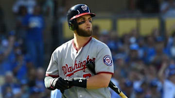 Oct 11, 2016; Los Angeles, CA, USA; Washington Nationals right fielder Bryce Harper (34) reacts after a called third strike in the third inning against the Los Angeles Dodgers during game four of the 2016 NLDS playoff baseball series at Dodger Stadium. Mandatory Credit: Jayne Kamin-Oncea-USA TODAY Sports