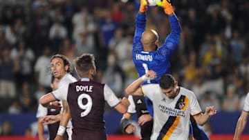 August 13, 2016; Carson, CA, USA; Colorado Rapids goalie Tim Howard (1) makes a save against Los Angeles Galaxy during the second half at StubHub Center. Mandatory Credit: Gary A. Vasquez-USA TODAY Sports