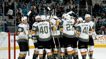 SAN JOSE, CA - MAY 6: The Vegas Golden Knights celebrate their 3-0 win over the San Jose Sharks in Game Six of the Western Conference Second Round during the 2018 NHL Stanley Cup Playoffs at SAP Center on May 6, 2018 in San Jose, California. (Photo by Don Smith/NHLI via Getty Images)