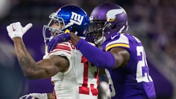 Oct 3, 2016; Minneapolis, MN, USA; New York Giants wide receiver Odell Beckham Jr. (13) talks with Minnesota Vikings cornerback Xavier Rhodes (29) during the second quarter at U.S. Bank Stadium. The Vikings defeated the Giants 24-10. Mandatory Credit: Brace Hemmelgarn-USA TODAY Sports