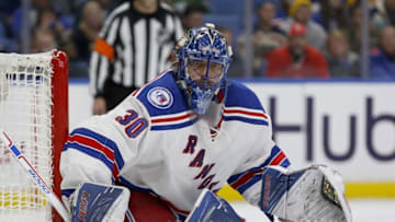 Dec 1, 2016; Buffalo, NY, USA; New York Rangers goalie Henrik Lundqvist (30) looks for the puck during the second period against the Buffalo Sabres at KeyBank Center. Mandatory Credit: Timothy T. Ludwig-USA TODAY Sports