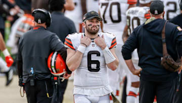 JACKSONVILLE, FL - NOVEMBER 29: Quarterback Baker Mayfield #6 of the Cleveland Browns reacts on the sidelines during the game against the Jacksonville Jaguars at TIAA Bank Field on November 29, 2020 in Jacksonville, Florida. The Browns defeated the Jaguars 27-25. (Photo by Don Juan Moore/Getty Images)