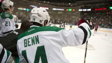 Mar 31, 2016; Dallas, TX, USA; Dallas Stars left wing Jamie Benn (14) watches his brother defenseman Jordie Benn (24) fight Arizona Coyotes left wing Eric Selleck (42) during the third period at the American Airlines Center. The Stars defeat the Coyotes 4-1. Mandatory Credit: Jerome Miron-USA TODAY Sports