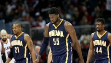 Jan 21, 2015; Atlanta, GA, USA; Indiana Pacers forward David West (21) and center Roy Hibbert (55) and forward Solomon Hill (44) walk to the bench in the third quarter of their game against the Atlanta Hawks at Philips Arena. The Hawks won 110- 91. Mandatory Credit: Jason Getz-USA TODAY Sports