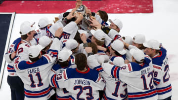EDMONTON, AB - JANUARY 05: The United States team celebrates its victory over Canada during the 2021 IIHF World Junior Championship gold medal game at Rogers Place on January 5, 2021 in Edmonton, Canada. (Photo by Codie McLachlan/Getty Images)