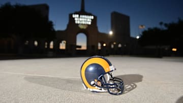 Feb 25, 2016; Los Angeles, CA, USA; General view of Los Angeles Rams blue and yellow helmet (1973-99) at the peristyle end of the Los Angeles Memorial Coliseum. The Coliseum will serve as the home of the Los Angeles Rams for the 2016 season after NFL owners voted 30-2 to allow Rams owner Stan Kroenke (not pictured) to relocate the franchise from St. Louis. Mandatory Credit: Kirby Lee-USA TODAY Sports