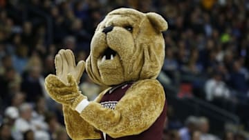Mar 26, 2016; Bridgeport, CT, USA; The Mississippi State Bulldogs mascot on thew court during a break in the action against the Connecticut Huskies during the second half in the semifinals of the Bridgeport regional of the women