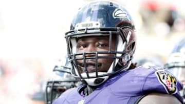 Oct 12, 2014; Tampa, FL, USA; Baltimore Ravens linebacker Pernell McPhee (90) against the Tampa Bay Buccaneers during the second half at Raymond James Stadium. Baltimore Ravens defeated the Tampa Bay Buccaneers 48-17. Mandatory Credit: Kim Klement-USA TODAY Sports