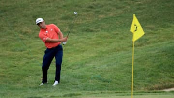 DUBLIN, OHIO - JULY 19: Jon Rahm of Spain chips in for birdie on the 16th hole during the final round of The Memorial Tournament on July 19, 2020 at Muirfield Village Golf Club in Dublin, Ohio. (Photo by Andy Lyons/Getty Images)