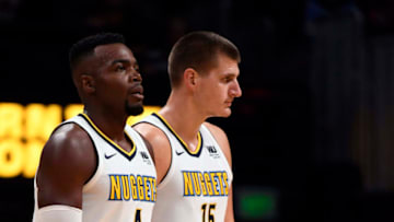 DENVER, CO - MARCH 10: Denver Nuggets forward Paul Millsap (4) and center Nikola Jokic (15) during a break in the action against the Oklahoma City Thunder on October 10, 2017 in Denver, Colorado at Pepsi Center. (Photo by John Leyba/The Denver Post via Getty Images)