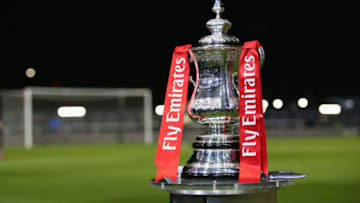 KIRKHAM, ENGLAND - DECEMBER 01: The Emirates FA Cup is seen on display prior to the Emirates FA Cup Second Round between AFC Fylde and Wigan Athletic on December 1, 2017 in Kirkham, England. (Photo by Alex Livesey/Getty Images)