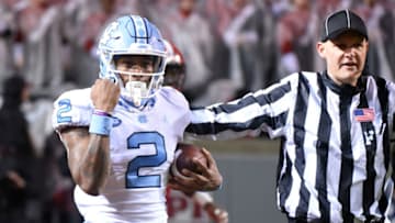 Nov 30, 2019; Raleigh, NC, USA; North Carolina Tar Heels receiver Dyami Brown (2) reacts after a catch against the North Carolina State Wolfpack during the first half at Carter-Finley Stadium. Mandatory Credit: Rob Kinnan-USA TODAY Sports