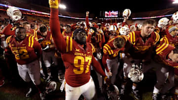AMES, IA - NOVEMBER 19: Defensive lineman Demond Tucker #97 of the Iowa State Cyclones celebrates with his teammates after they defeated the Texas Tech Red Raiders 66-10 at Jack Trice Stadium on November 19, 2016 in Ames, Iowa. The Iowa State Cyclones won 66-10 over the Texas Tech Red Raiders. (Photo by David Purdy/Getty Images)