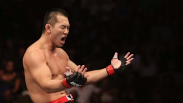 DENVER, CO - AUGUST 11: Yushin Okami reacts after defeating Buddy Roberts during their middleweight bout at UFC 150 inside Pepsi Center on August 11, 2012 in Denver, Colorado. (Photo by Nick Laham/Zuffa LLC/Zuffa LLC via Getty Images)