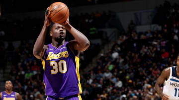 MINNEAPOLIS, MN - FEBRUARY 15: Julius Randle #30 of the Los Angeles Lakers shoots the ball during the game against the Minnesota Timberwolves on February 15, 2018 at Target Center in Minneapolis, Minnesota. NOTE TO USER: User expressly acknowledges and agrees that, by downloading and or using this Photograph, user is consenting to the terms and conditions of the Getty Images License Agreement. Mandatory Copyright Notice: Copyright 2018 NBAE (Photo by Jordan Johnson/NBAE via Getty Images)