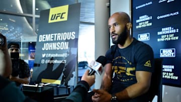 EDMONTON, AB - SEPTEMBER 06: UFC flyweight champion Demetrious Johnson speaks to the media during the UFC 215 Ultimate Media Day at Rogers Place on September 6, 2017 in Edmonton, Alberta, Canada. (Photo by Jeff Bottari/Zuffa LLC/Zuffa LLC via Getty Images)