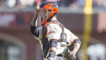 4Oct 2, 2016; San Francisco, CA, USA; San Francisco Giants catcher Buster Posey (28) and relief pitcher Javier Lopez (49) celebrate cinching the wild card against the Los Angeles Dodgers at AT&T Park the San Francisco Giants defeated the Los Angeles Dodgers 7 to 1. Mandatory Credit: Neville E. Guard-USA TODAY Sports