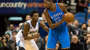 Jan 12, 2016; Minneapolis, MN, USA; Oklahoma City Thunder forward Kevin Durant (35) is guarded by Minnesota Timberwolves guard Andrew Wiggins (22) during the fourth quarter at Target Center. The Thunder defeated the Timberwolves 101-96. Mandatory Credit: Brace Hemmelgarn-USA TODAY Sports