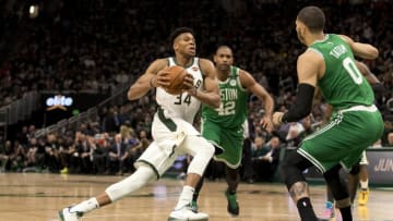 Giannis drives on Celtics (Jeff Hanisch-USA TODAY Sports)