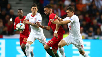 PORTO, PORTUGAL - JUNE 05: Bruno Fernandes of Portugal battles with Remo Freuler of Switzerland during the UEFA Nations League Semi-Final match between Portugal and Switzerland at Estadio do Dragao on June 05, 2019 in Porto, Portugal. (Photo by Jan Kruger/Getty Images)