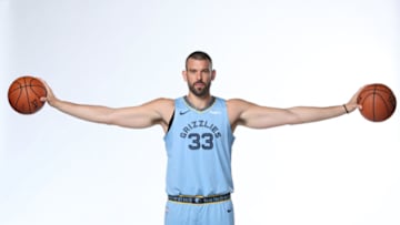 MEMPHIS, TN - SEPTEMBER 24: Marc Gasol #33 of the Memphis Grizzlies poses for a portrait during Memphis Grizzlies Media Day on September 24, 2018 at FedExForum in Memphis, Tennessee. NOTE TO USER: User expressly acknowledges and agrees that, by downloading and or using this photograph, User is consenting to the terms and conditions of the Getty Images License Agreement. Mandatory Copyright Notice: Copyright 2018 NBAE (Photo by Joe Murphy/NBAE via Getty Images)