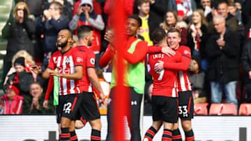 SOUTHAMPTON, ENGLAND - APRIL 27: Matt Targett of Southampton celebrates with team mate Danny Ings of Southampton after scoring their team's third goal during the Premier League match between Southampton FC and AFC Bournemouth at St Mary's Stadium on April 27, 2019 in Southampton, United Kingdom. (Photo by Michael Steele/Getty Images)