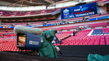 LONDON, ENG - OCTOBER 21: A television camera for CBS Sports sits ready before the NFL game between the Tennessee Titans and the Los Angeles Chargers on October 21, 2018 at Wembley Stadium, London, England. (Photo by Martin Leitch/Icon Sportswire via Getty Images)
