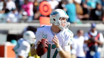 Oct 26, 2014; Jacksonville, FL, USA; Miami Dolphins quarterback Ryan Tannehill (17) prepares to throw the ball against the Jacksonville Jaguars at EverBank Field. Mandatory Credit: Melina Vastola-USA TODAY Sports