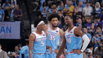 SACRAMENTO, CA - APRIL 7: De'Aaron Fox #5, Marvin Bagley III #35, and Harrison Barnes #40 of the Sacramento Kings are seen together during the game against the New Orleans Pelicans on April 7, 2019 at Golden 1 Center in Sacramento, California. NOTE TO USER: User expressly acknowledges and agrees that, by downloading and or using this Photograph, user is consenting to the terms and conditions of the Getty Images License Agreement. Mandatory Copyright Notice: Copyright 2019 NBAE (Photo by Rocky Widner/NBAE via Getty Images)