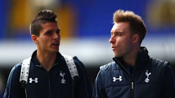 LONDON, ENGLAND - APRIL 10: Erik Lamela (L) and Christian Eriksen of Tottenham Hotspur arrive prior to the Barclays Premier League match between Tottenham Hotspur and Manchester United at White Hart Lane on April 10, 2016 in London, England. (Photo by Tottenham Hotspur FC/Tottenham Hotspur FC via Getty Images)