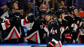 Jan 21, 2023; Buffalo, New York, USA; Buffalo Sabres center Dylan Cozens (24) celebrates his goal with teammates during the first period against the Anaheim Ducks at KeyBank Center. Mandatory Credit: Timothy T. Ludwig-USA TODAY Sports