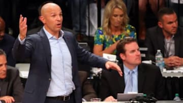 May 12, 2014; Brooklyn, NY, USA; Brooklyn Nets head coach Jason Kidd reacts during the third quarter against the Miami Heat in game four of the second round of the 2014 NBA Playoffs at Barclays Center. Miami Heat won 102-96. Mandatory Credit: Anthony Gruppuso-USA TODAY Sports