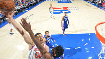 PHILADELPHIA, PA - MARCH 28: Enes Kanter #00 of the New York Knicks puts up the shot against the Philadelphia 76ers at Wells Fargo Center on March 28, 2018 in Philadelphia, Pennsylvania NOTE TO USER: User expressly acknowledges and agrees that, by downloading and/or using this Photograph, user is consenting to the terms and conditions of the Getty Images License Agreement. Mandatory Copyright Notice: Copyright 2018 NBAE (Photo by Jesse D. Garrabrant/NBAE via Getty Images)