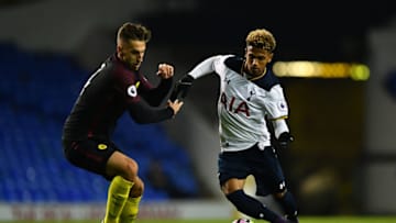 LONDON, ENGLAND - OCTOBER 14: Marcus Edwards of Tottenham Hotspur takes on Charlie Oliver of Manchester City during the Premier League 2 match between Tottenham Hotspur and Manchester City at White Hart Lane on October 14, 2016 in London, England. (Photo by Dan Mullan/Getty Images)