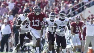 Nov 12, 2016; Tuscaloosa, AL, USA; Alabama Crimson Tide wide receiver ArDarius Stewart (13) catches a pass and runs for a touchdown against Mississippi State Bulldogs at Bryant-Denny Stadium. Mandatory Credit: Marvin Gentry-USA TODAY Sports