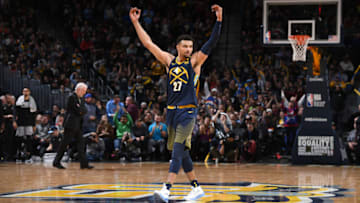 DENVER, CO - FEBRUARY 13: Jamal Murray #27 of the Denver Nuggets celebrates during the game against the San Antonio Spurs on February 13, 2018 at the Pepsi Center in Denver, Colorado. NOTE TO USER: User expressly acknowledges and agrees that, by downloading and/or using this photograph, user is consenting to the terms and conditions of the Getty Images License Agreement. Mandatory Copyright Notice: Copyright 2018 NBAE (Photo by Garrett Ellwood/NBAE via Getty Images)