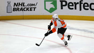WASHINGTON, DC - MAY 07: Cam York #45 of the Philadelphia Flyers skates in his first NHL game against the Washington Capitals at Capital One Arena on May 07, 2021 in Washington, DC. (Photo by Rob Carr/Getty Images)