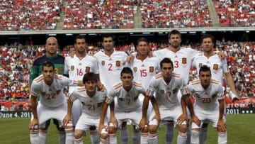 June 4, 2011; Foxborough, MA, USA; Team Spain (front row) forward Alvaro Negredo (22), forward David Silva (21), forward David Villa (7), defender Alvaro Arbeloa (17), and midfielder Santiago Cazorla (20), (back row) goalkeeper Pepe Reina (23), midfielder Sergio Busquets (16), defender Raul Albiol (2), defender Sergio Ramos (15), defender Gerard Pique (3) and midfielder Xabi Alonso (14) before the start of the game against the USA at Gillette Stadium. Mandatory Credit: Greg M. Cooper-USA TODAY Sports