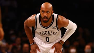 NEW YORK, NEW YORK - OCTOBER 08: Jevon Carter #0 of the Brooklyn Nets in action against the Milwaukee Bucks at Barclays Center on October 08, 2021 in New York City. NOTE TO USER: User expressly acknowledges and agrees that, by downloading and or using this photograph, user is consenting to the terms and conditions of the Getty Images License Agreement. Brooklyn Nets defeated the Milwaukee Bucks 119-115. (Photo by Mike Stobe/Getty Images)